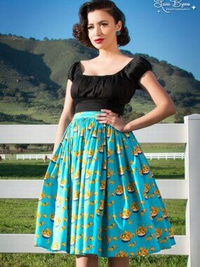 Pinup Couture Mary Blair Jenny Skirt Orange Cats Print Size XL Retro Pinup